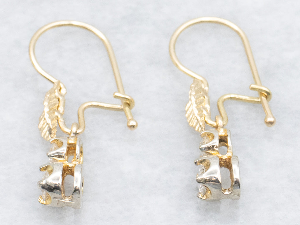 Double Diamond Two-Tone Gold Botanical Drop Earrings