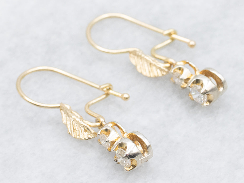 Double Diamond Two-Tone Gold Botanical Drop Earrings