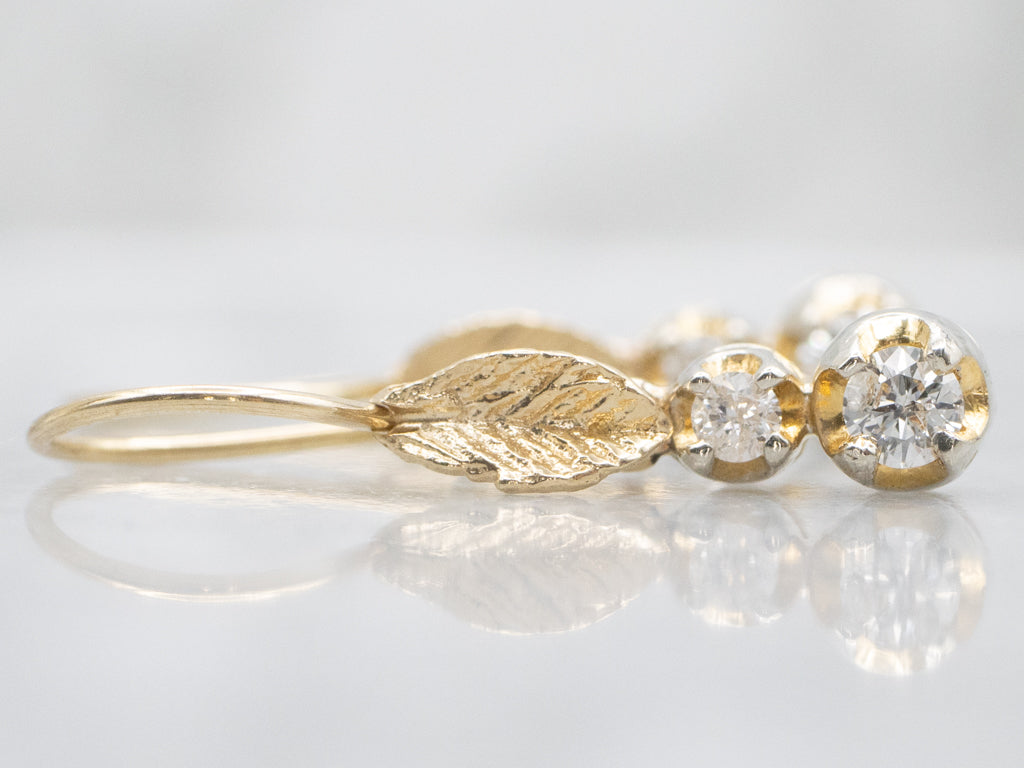 Double Diamond Two-Tone Gold Botanical Drop Earrings