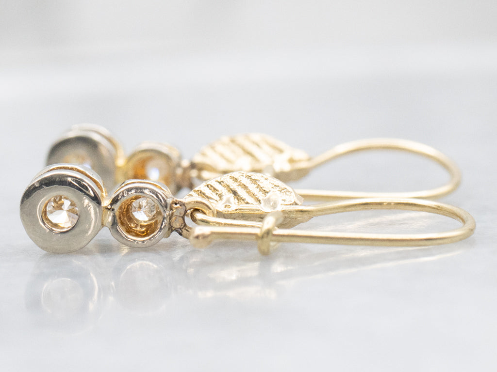 Double Diamond Two-Tone Gold Botanical Drop Earrings