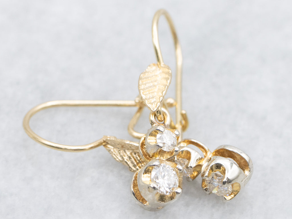 Double Diamond Two-Tone Gold Botanical Drop Earrings