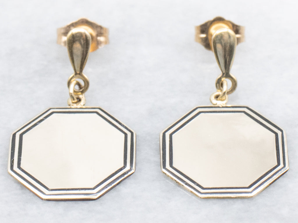 Black Enamel Octagonal Gold Cufflink Conversion Drop Earrings