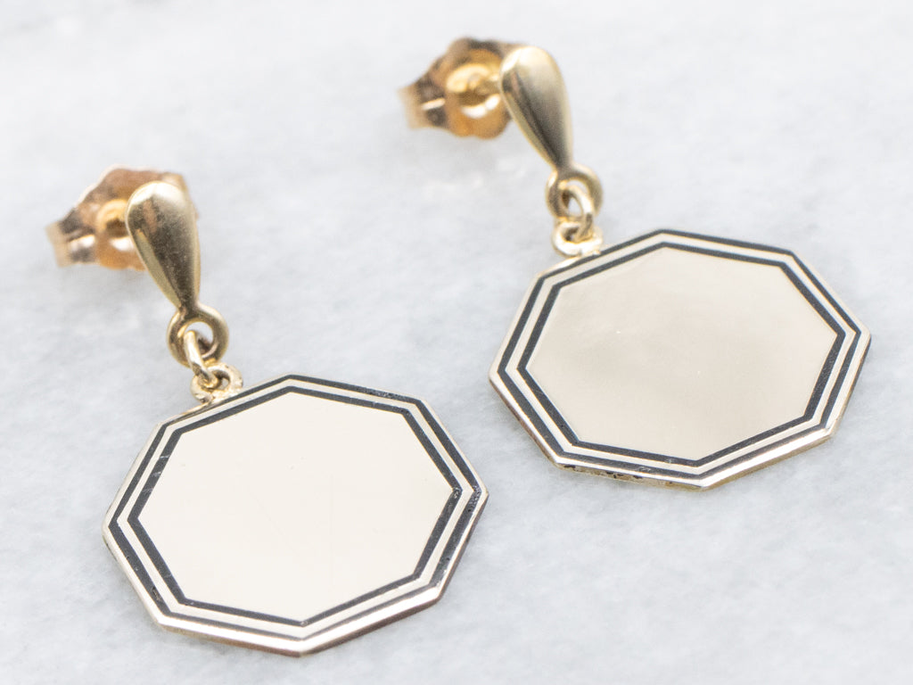 Black Enamel Octagonal Gold Cufflink Conversion Drop Earrings