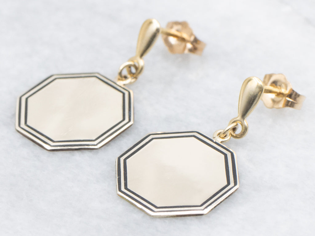 Black Enamel Octagonal Gold Cufflink Conversion Drop Earrings