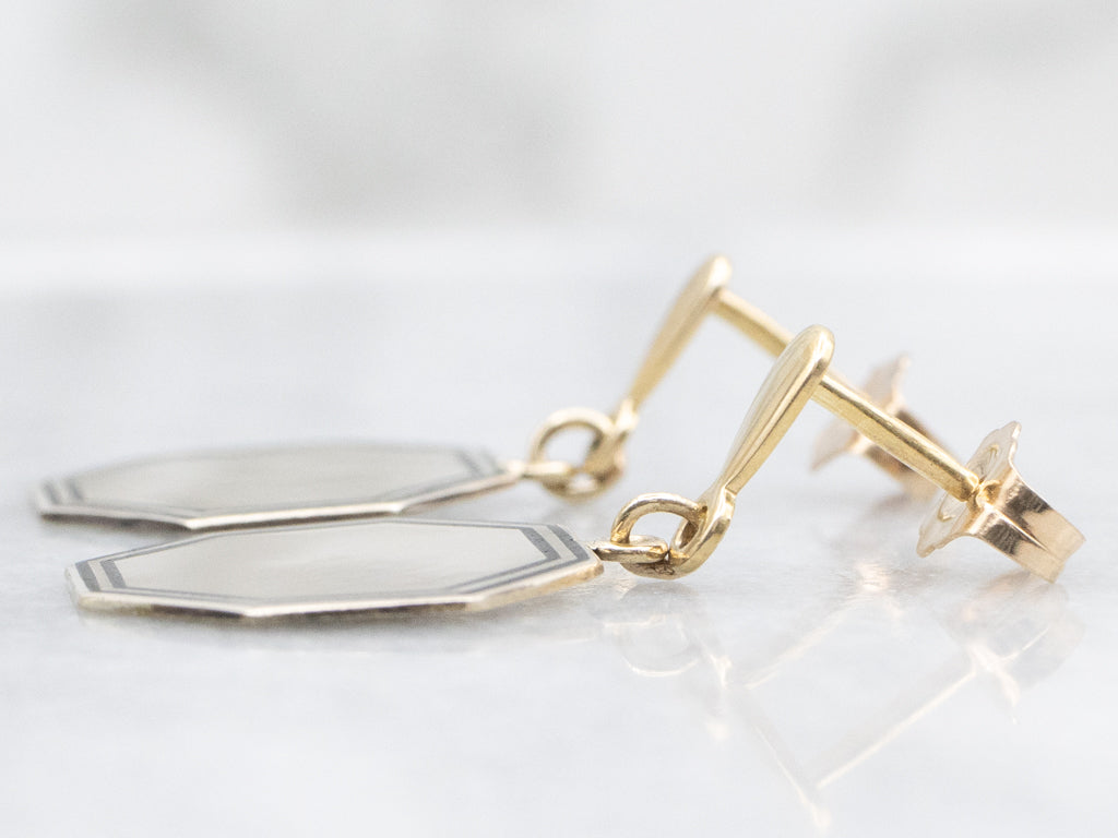 Black Enamel Octagonal Gold Cufflink Conversion Drop Earrings