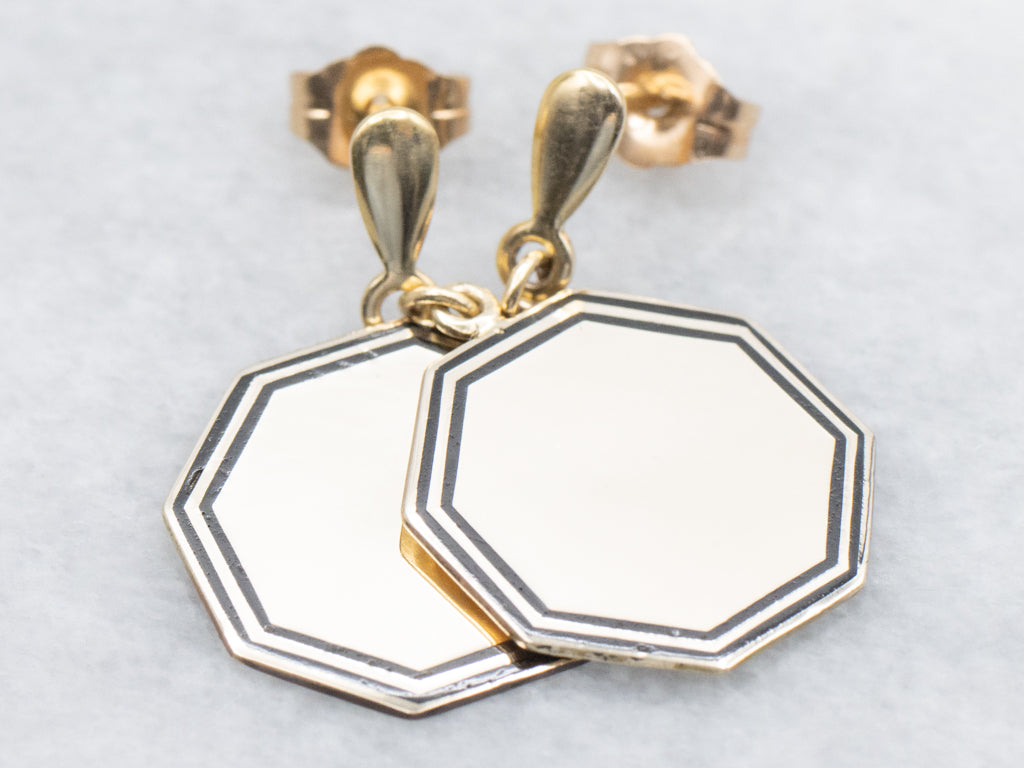 Black Enamel Octagonal Gold Cufflink Conversion Drop Earrings