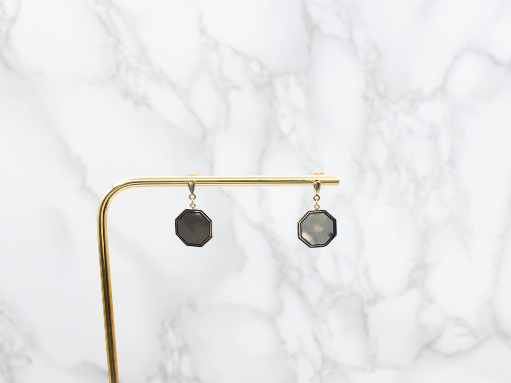Black Enamel Octagonal Gold Cufflink Conversion Drop Earrings