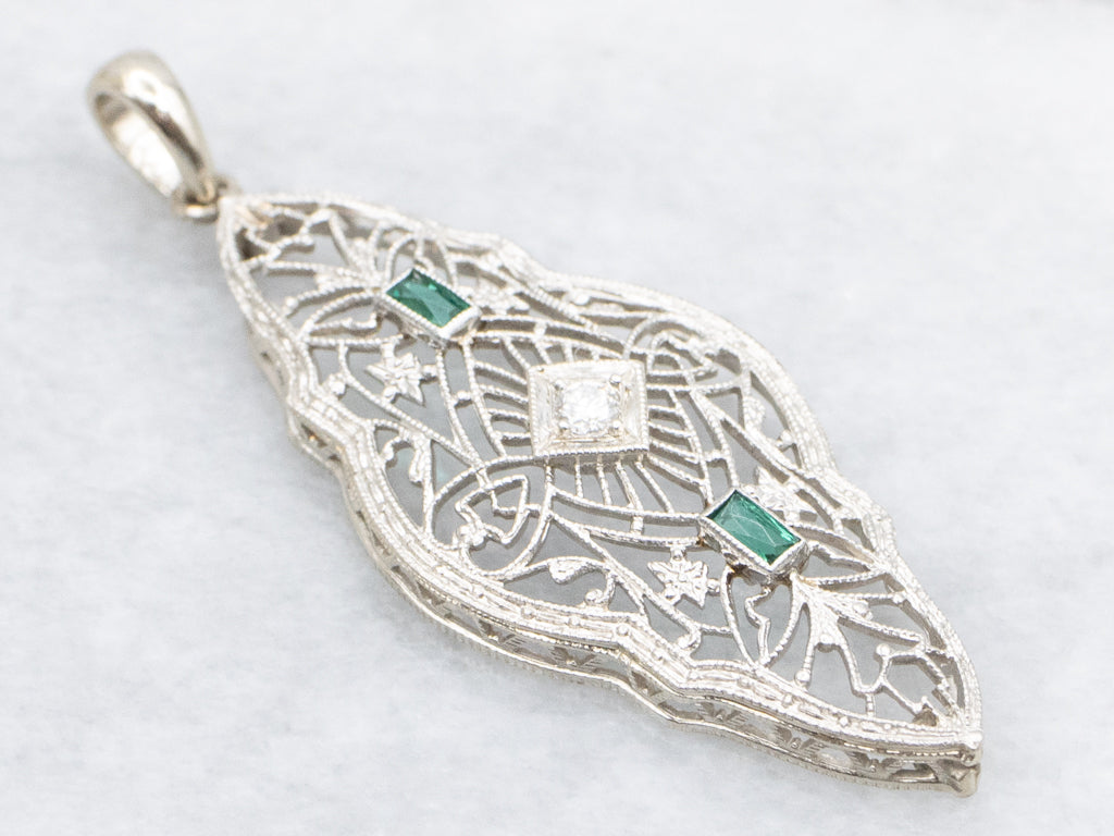 Art Deco Diamond and Green Glass White Gold Filigree Pendant