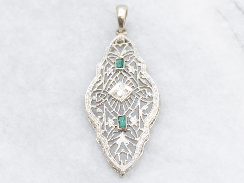 Art Deco Diamond and Green Glass White Gold Filigree Pendant