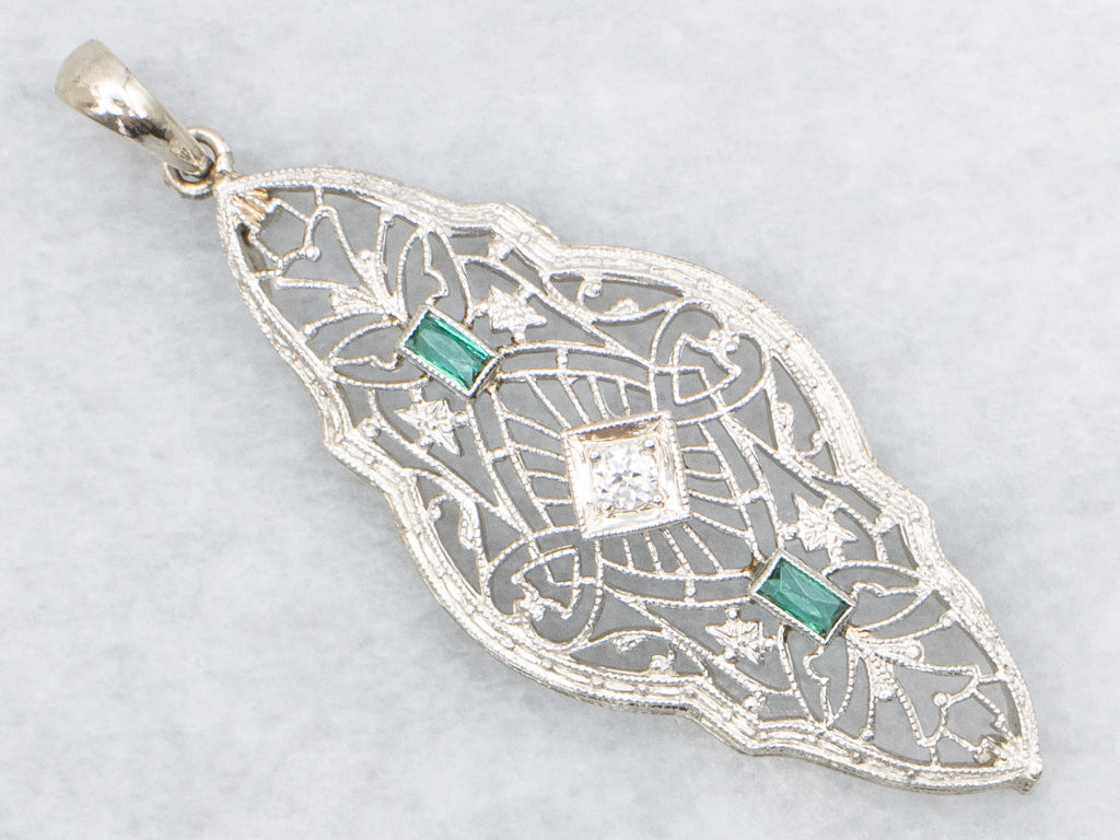 Art Deco Diamond and Green Glass White Gold Filigree Pendant