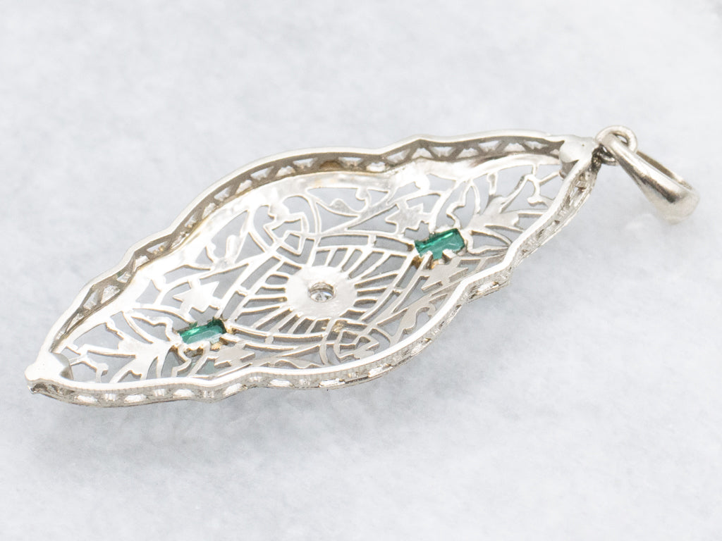 Art Deco Diamond and Green Glass White Gold Filigree Pendant