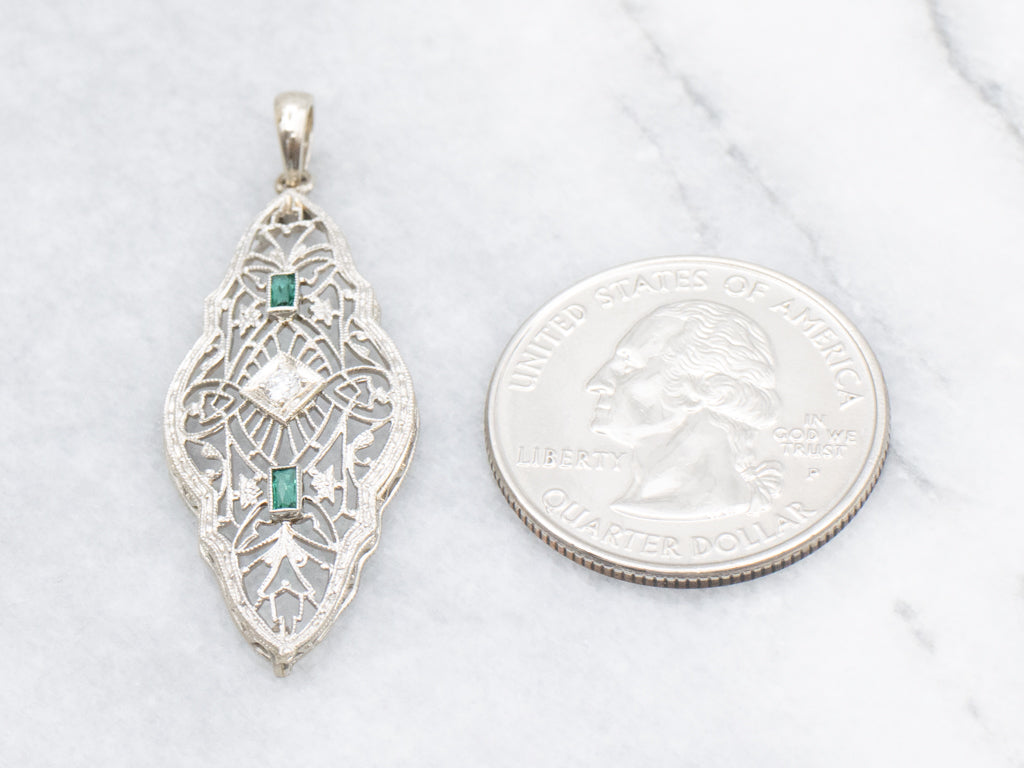 Art Deco Diamond and Green Glass White Gold Filigree Pendant