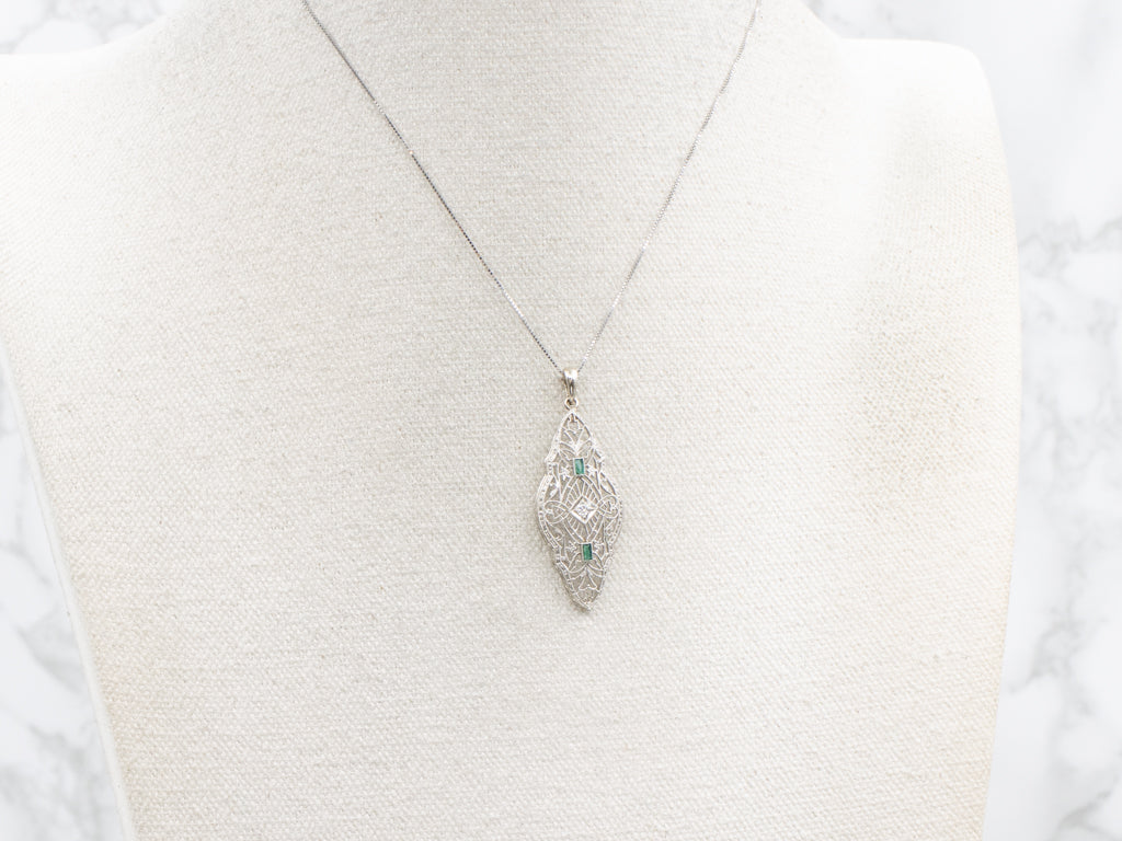 Art Deco Diamond and Green Glass White Gold Filigree Pendant