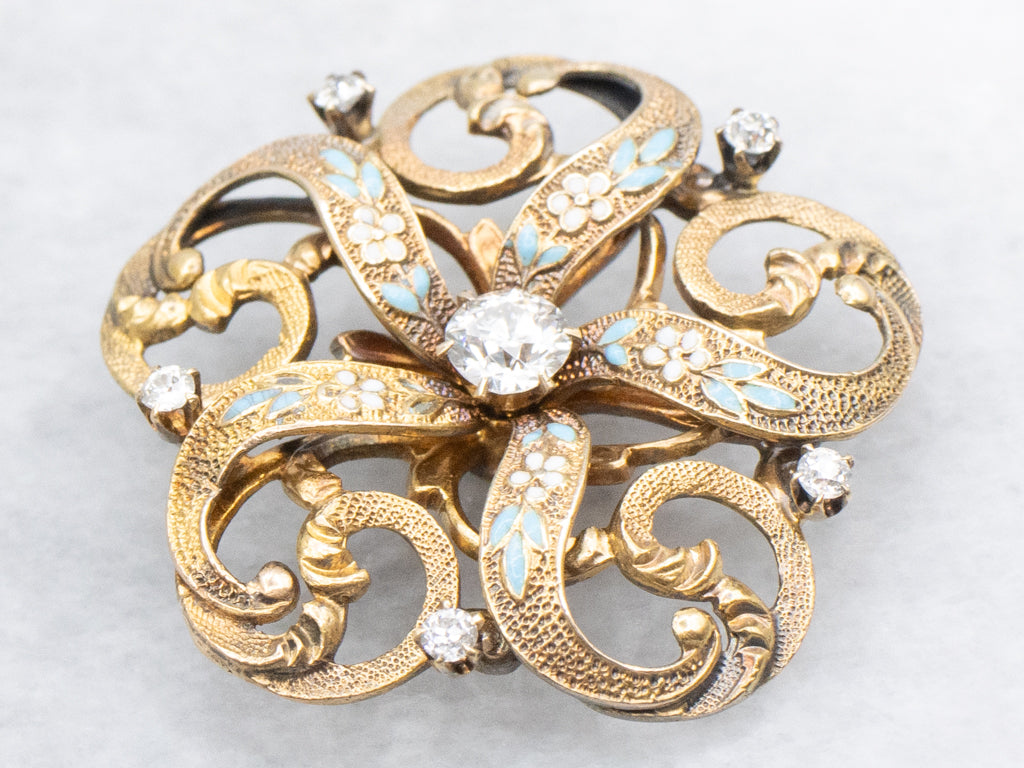 Edwardian Diamond and Gold Forget-Me-Not Enamel Pendant