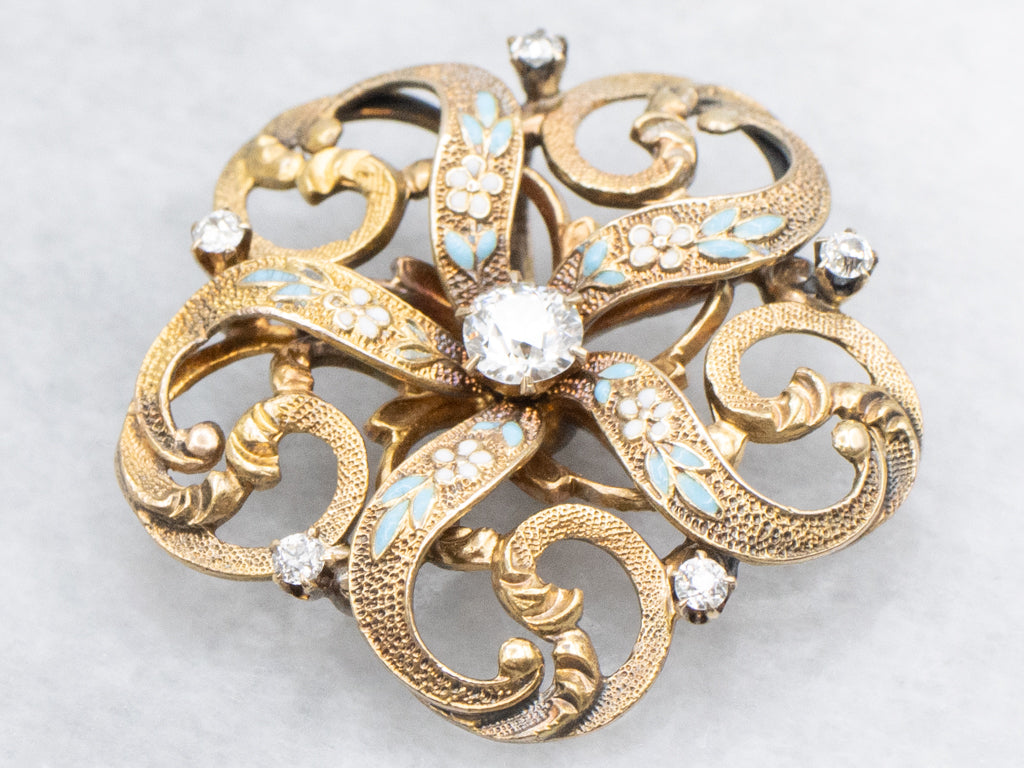 Edwardian Diamond and Gold Forget-Me-Not Enamel Pendant