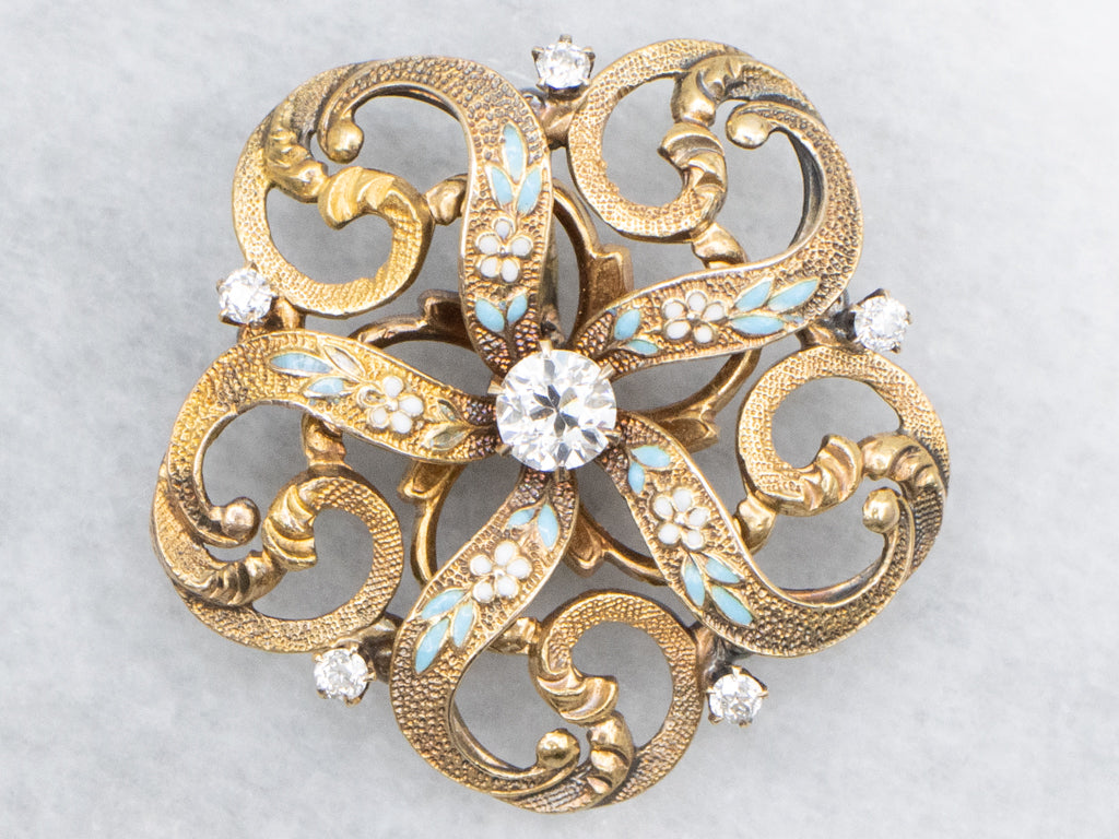 Edwardian Diamond and Gold Forget-Me-Not Enamel Pendant
