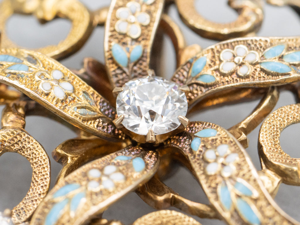 Edwardian Diamond and Gold Forget-Me-Not Enamel Pendant