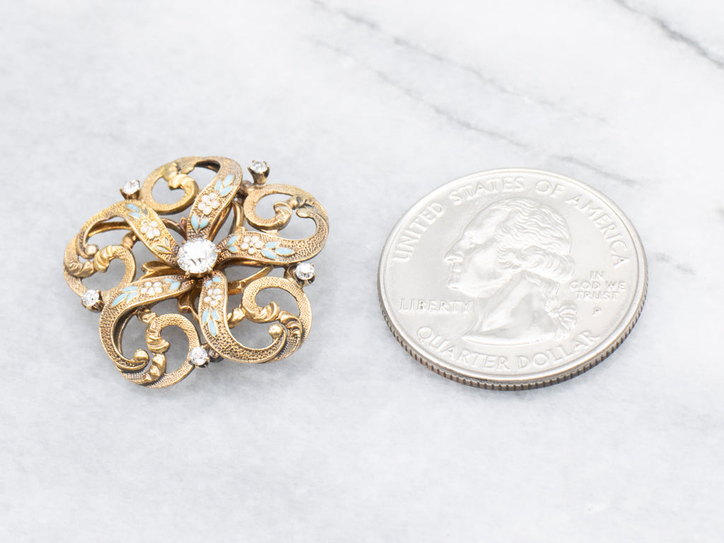 Edwardian Diamond and Gold Forget-Me-Not Enamel Pendant