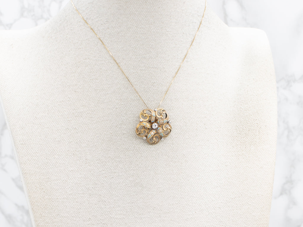 Edwardian Diamond and Gold Forget-Me-Not Enamel Pendant