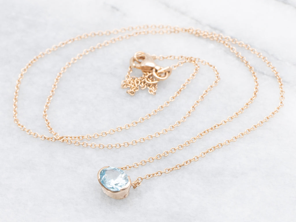 East-West Set Blue Zircon Rose Gold Pendant Necklace