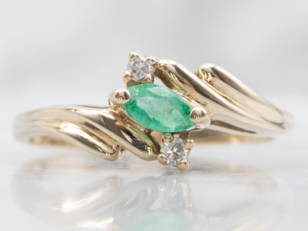 Marquise-Cut Emerald and Diamond Bypass Ring