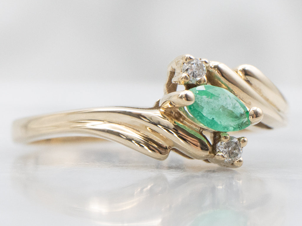 Marquise-Cut Emerald and Diamond Bypass Ring