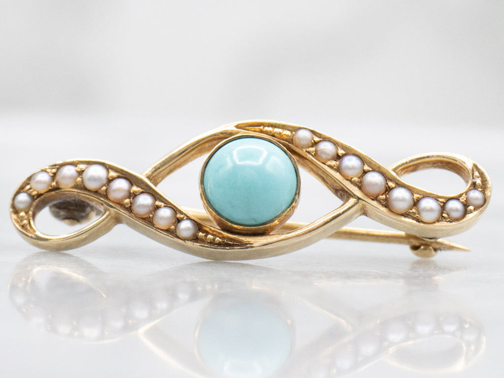 Antique Turquoise and Seed Pearl Gold Lingerie Pin