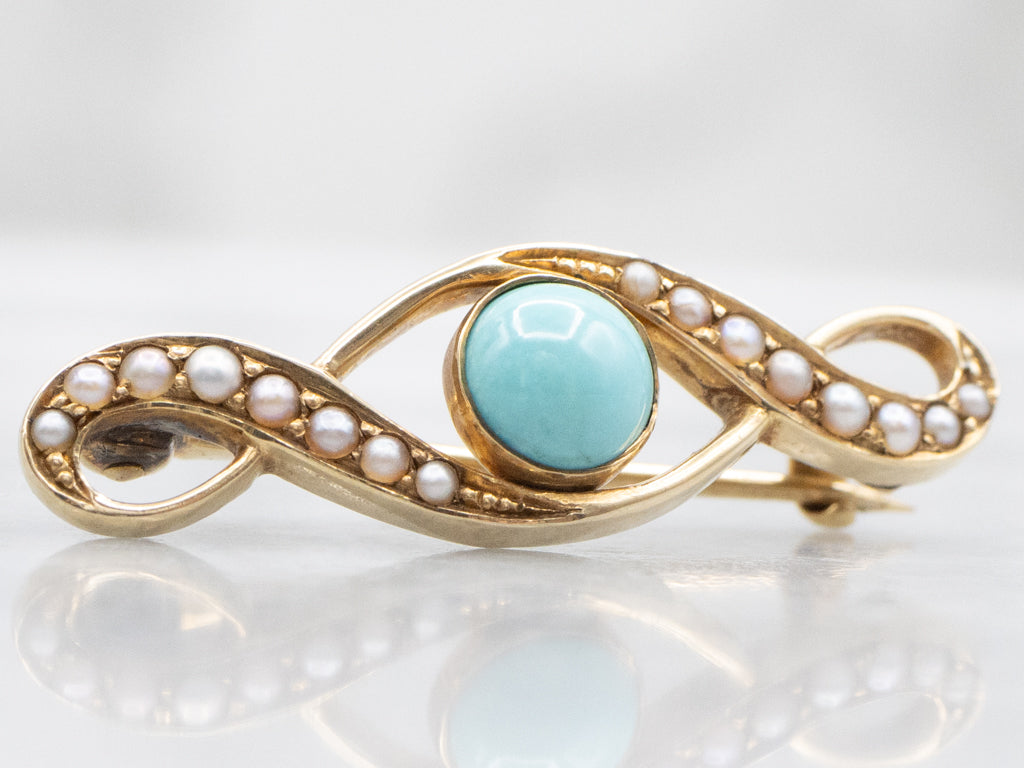 Antique Turquoise and Seed Pearl Gold Lingerie Pin