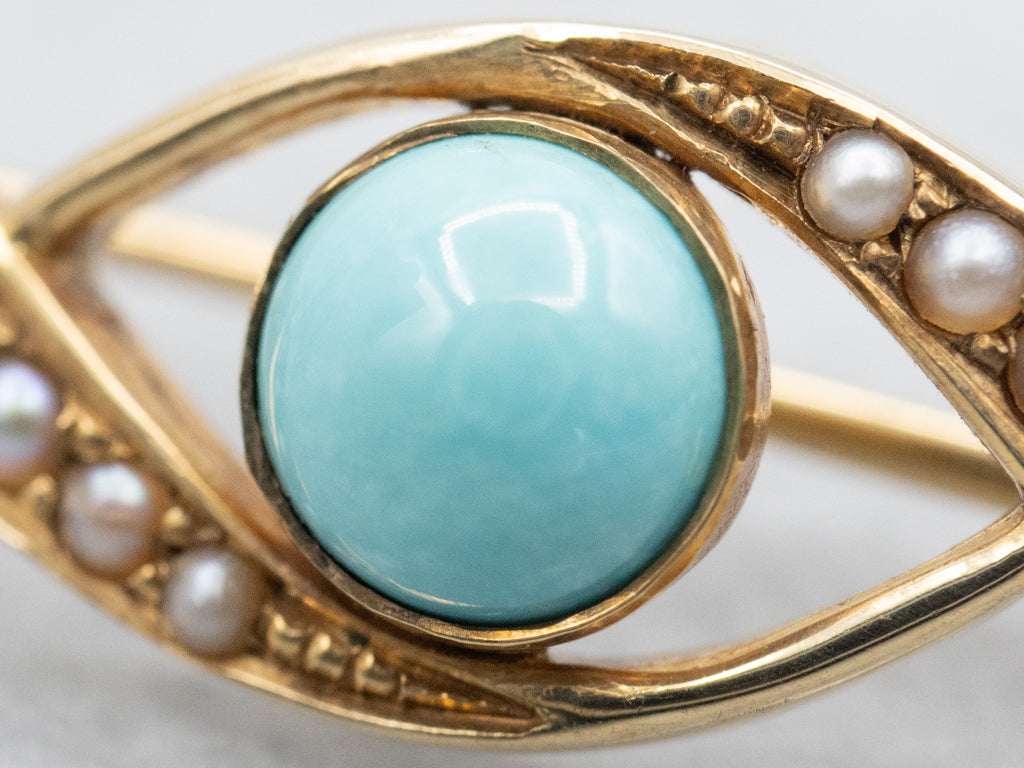 Antique Turquoise and Seed Pearl Gold Lingerie Pin