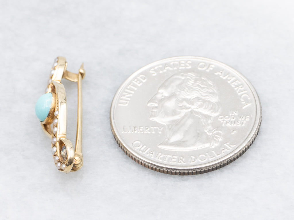 Antique Turquoise and Seed Pearl Gold Lingerie Pin