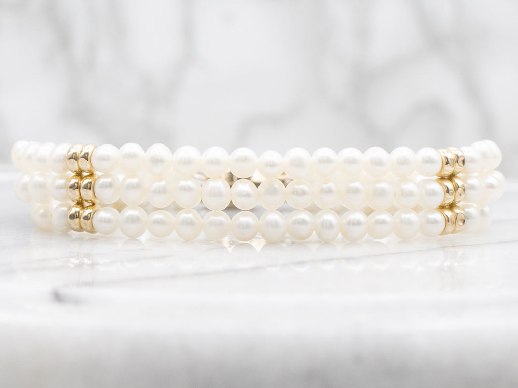 Triple-Strand Freshwater Pearl and Beaded Gold Bracelet