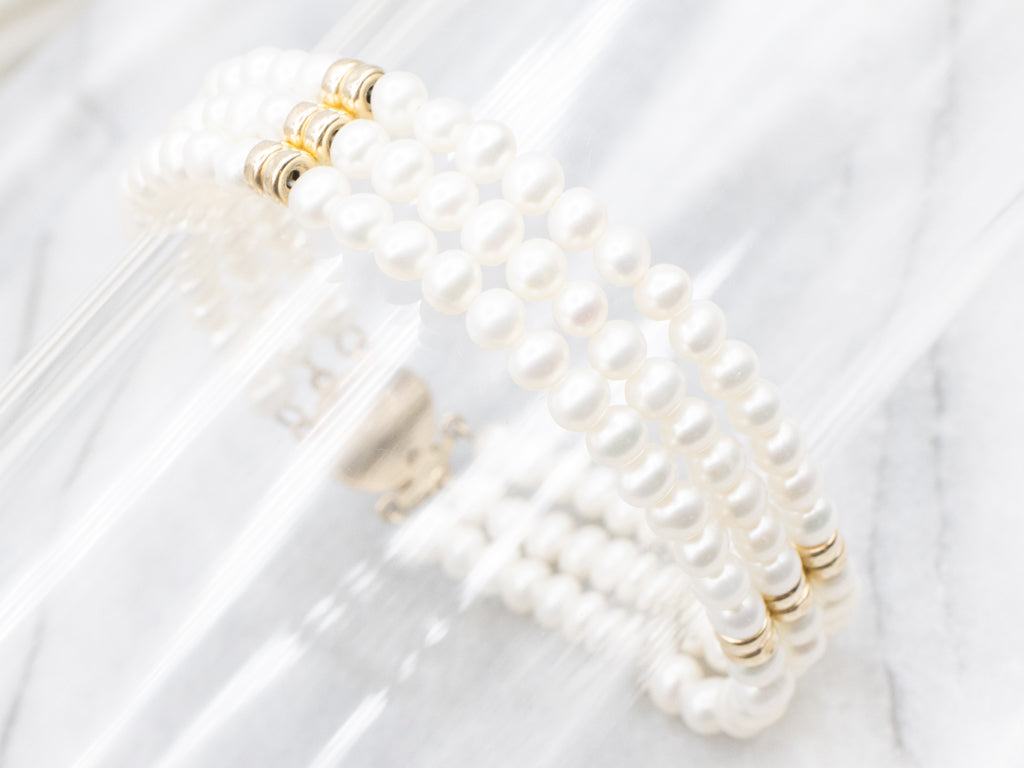 Triple-Strand Freshwater Pearl and Beaded Gold Bracelet