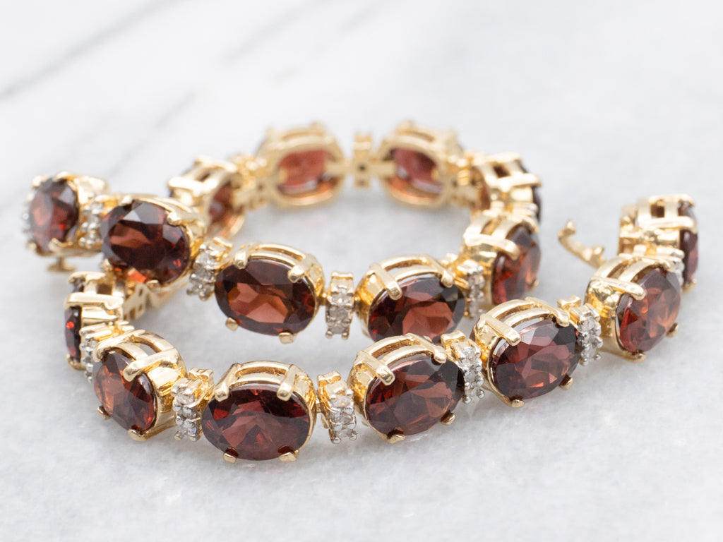 Classic Red Garnet and Diamond Gemstone Link Bracelet