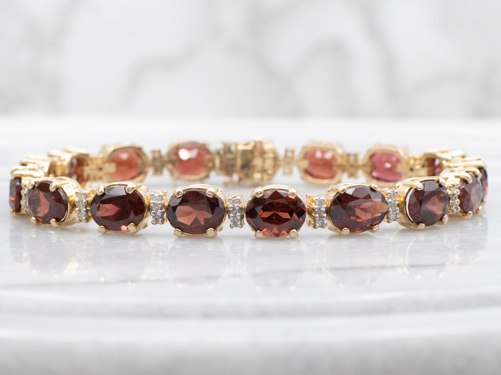 Classic Red Garnet and Diamond Gemstone Link Bracelet