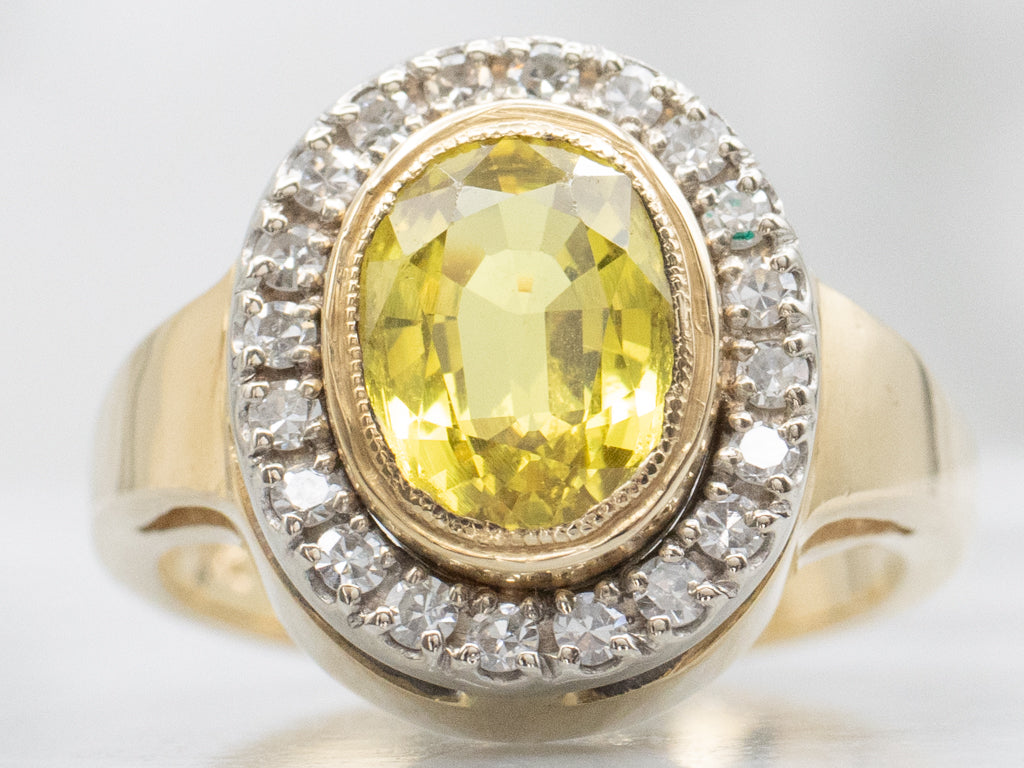 Bold Yellow Sapphire and Diamond Halo Ring