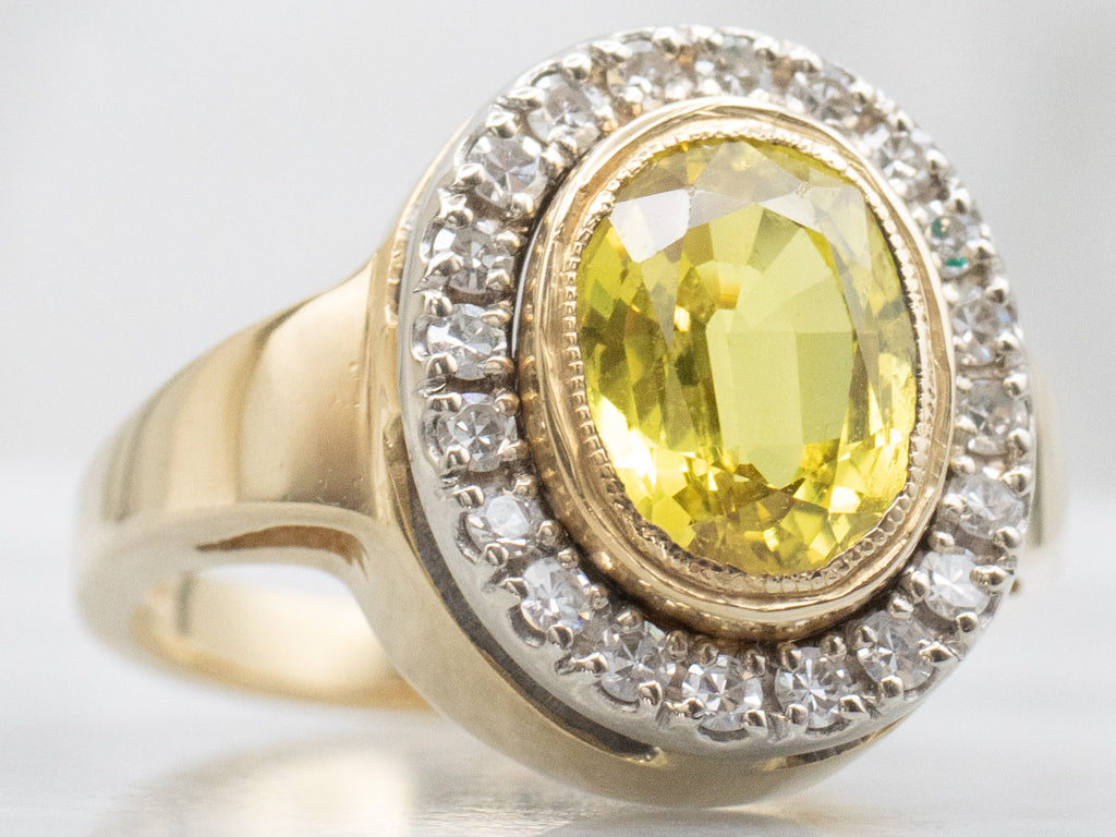 Bold Yellow Sapphire and Diamond Halo Ring