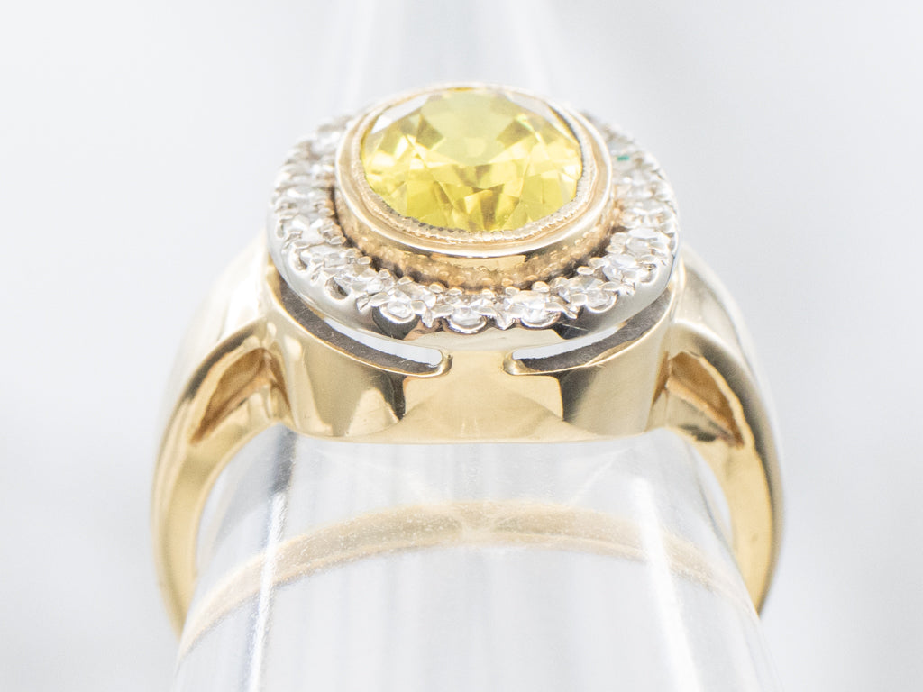 Bold Yellow Sapphire and Diamond Halo Ring