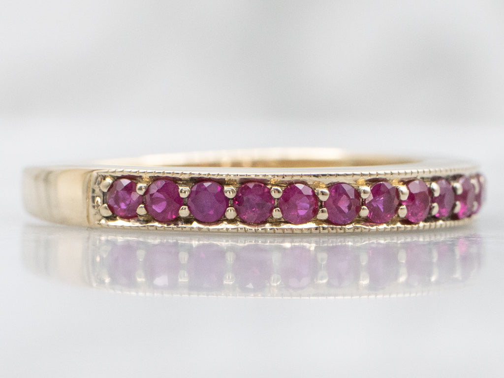 Yellow Gold Natural Ruby Band with Milgrain Edge