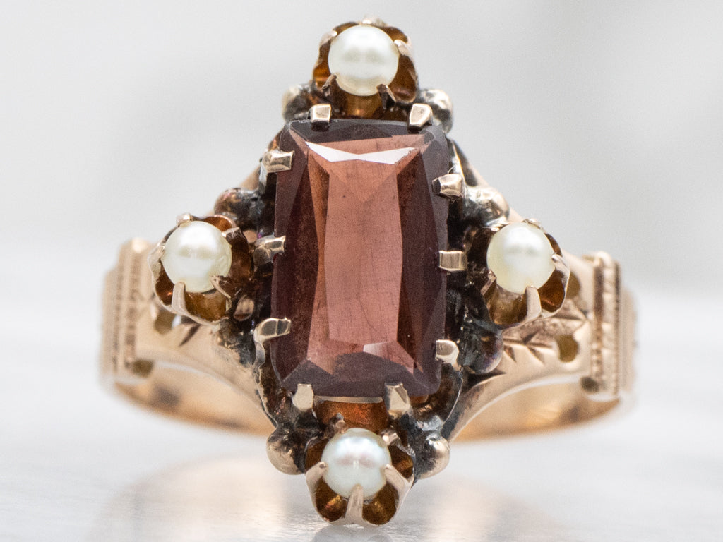 Victorian Garnet and Seed Pearls Rose Gold Ring