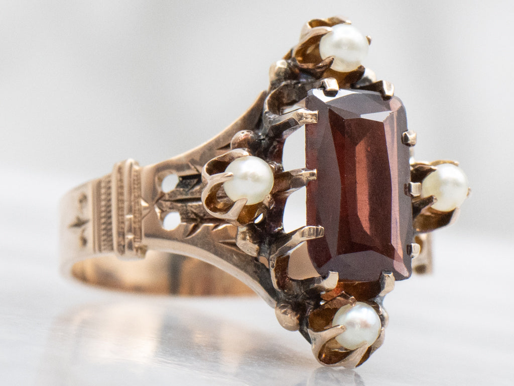 Victorian Garnet and Seed Pearls Rose Gold Ring