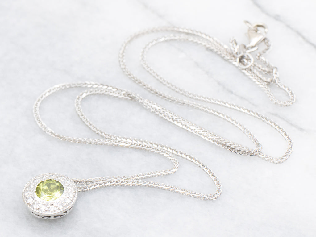 Modern Peridot and Diamond Halo Pendant Necklace