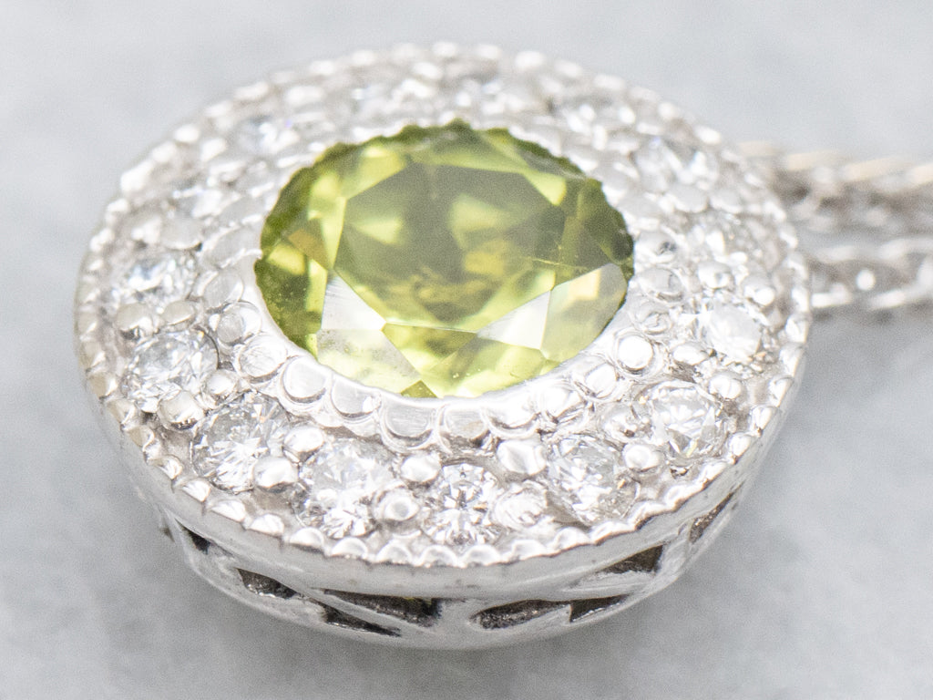 Modern Peridot and Diamond Halo Pendant Necklace