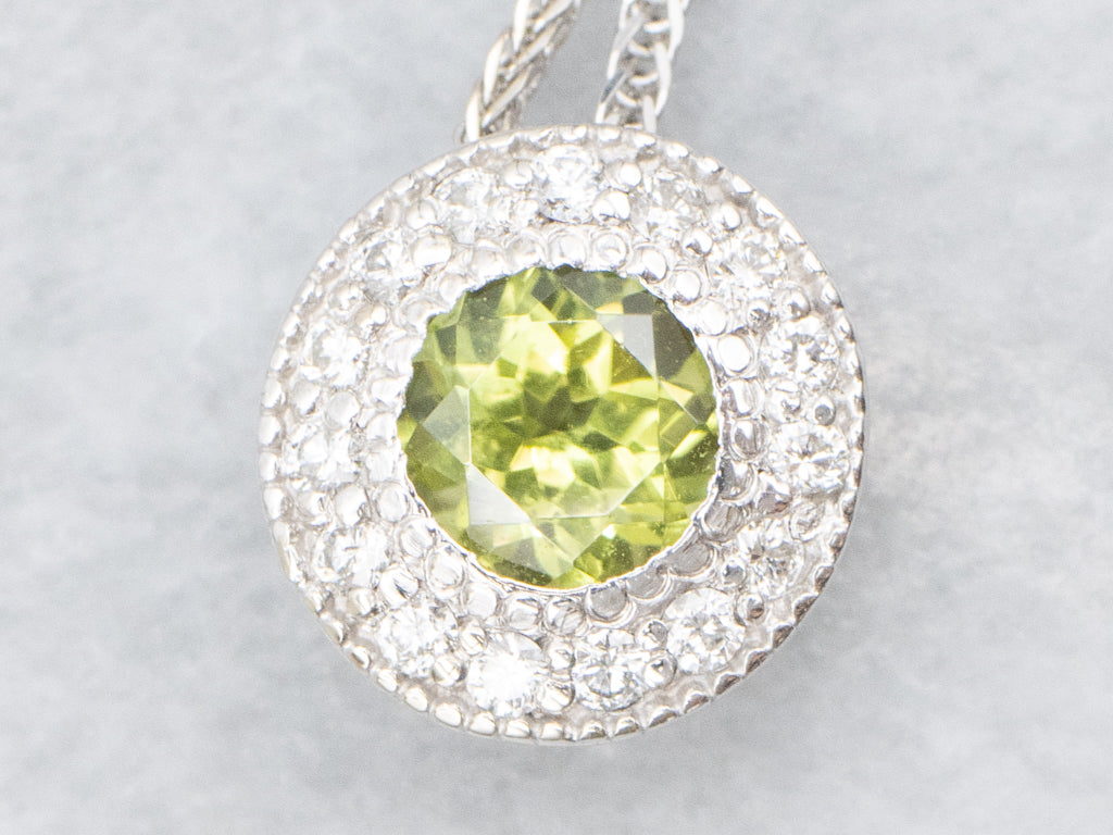 Modern Peridot and Diamond Halo Pendant Necklace