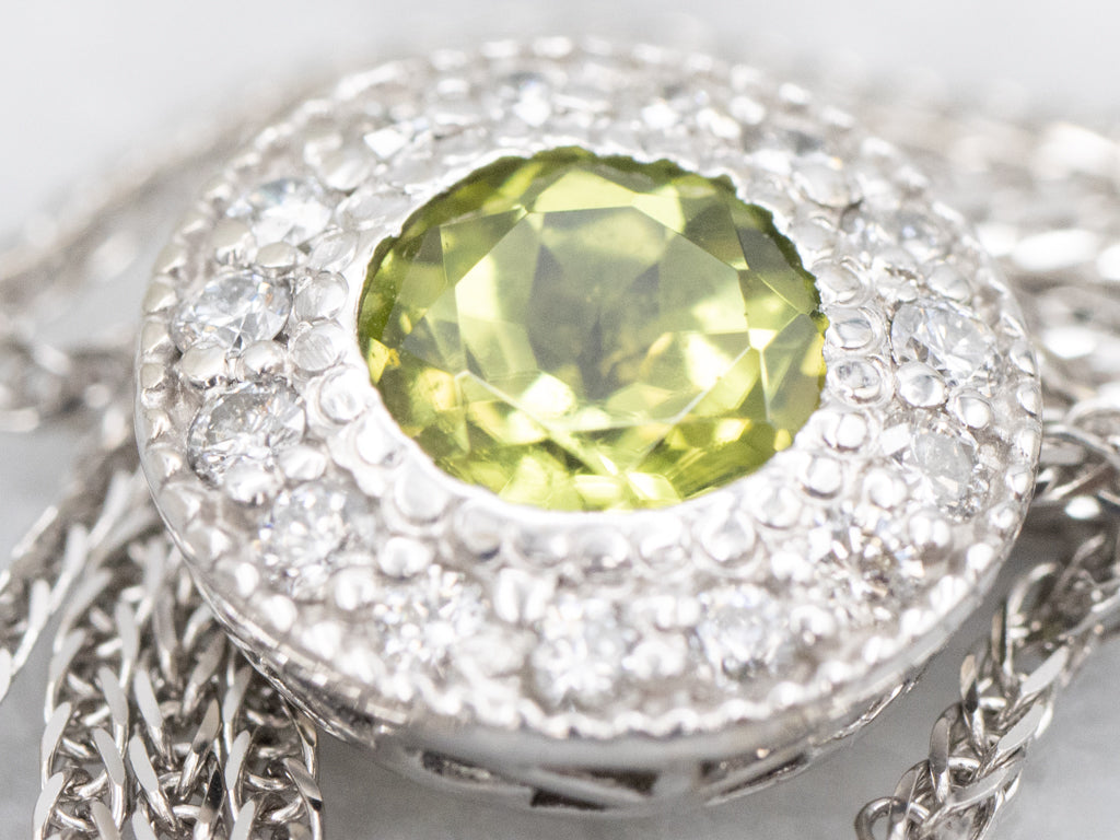 Modern Peridot and Diamond Halo Pendant Necklace
