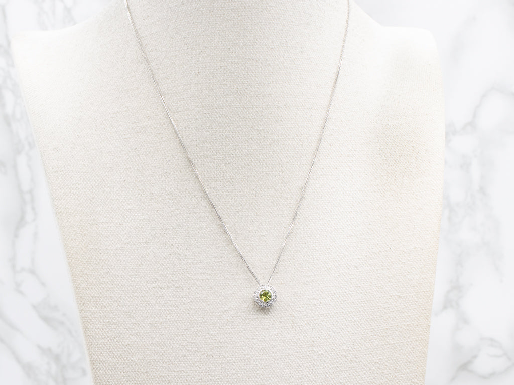 Modern Peridot and Diamond Halo Pendant Necklace