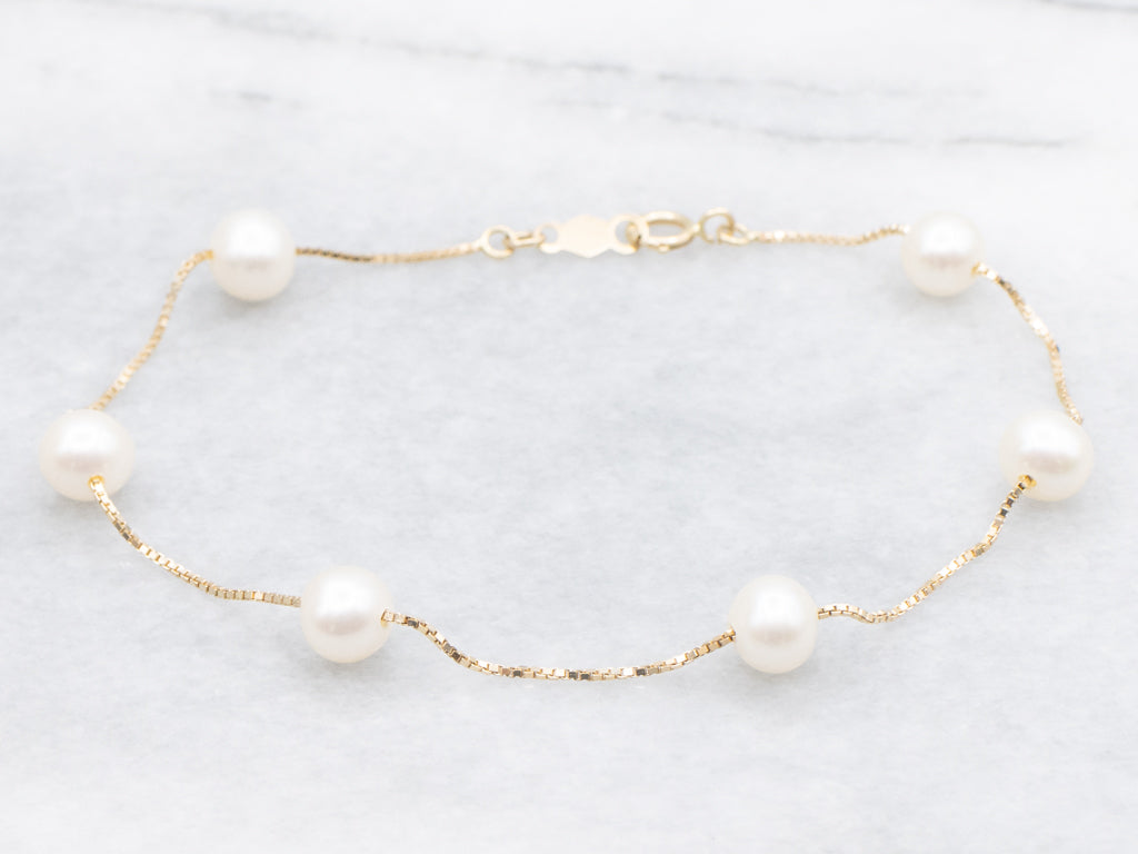 Yellow Gold Freshwater Pearl Station-Link Bracelet