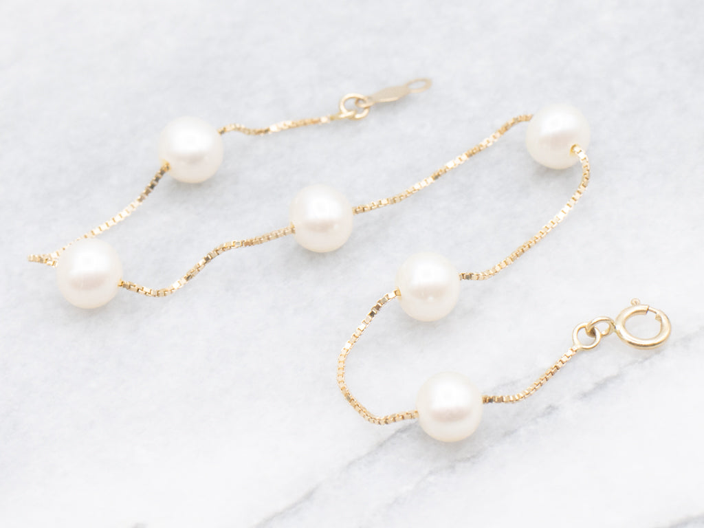 Yellow Gold Freshwater Pearl Station-Link Bracelet