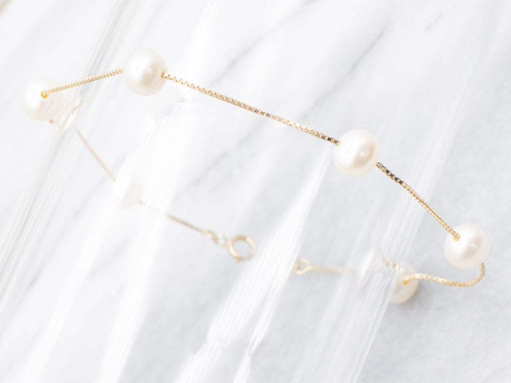 Yellow Gold Freshwater Pearl Station-Link Bracelet