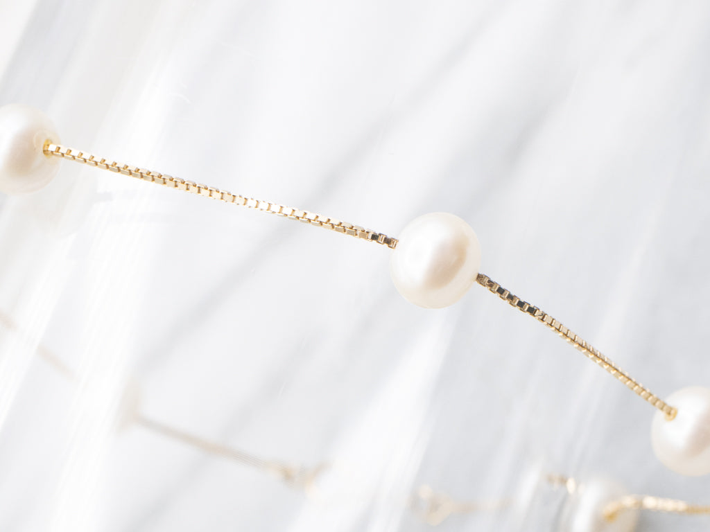 Yellow Gold Freshwater Pearl Station-Link Bracelet