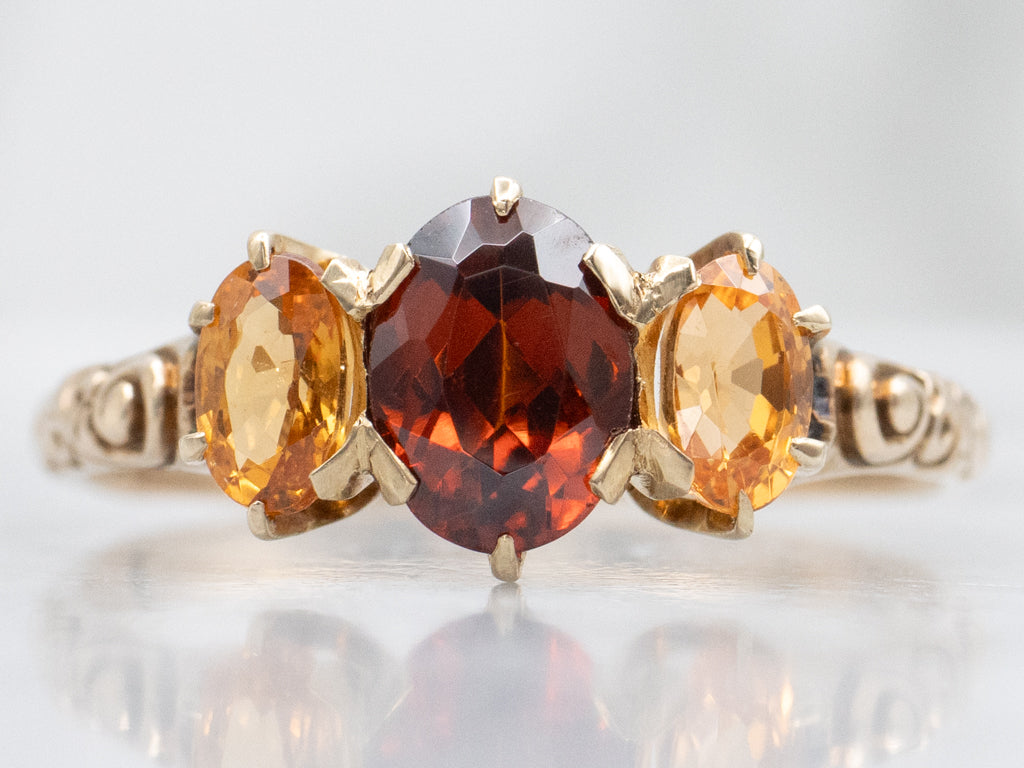 Victorian-Era Garnet Doublet and Orange Garnet Three-Stone Ring